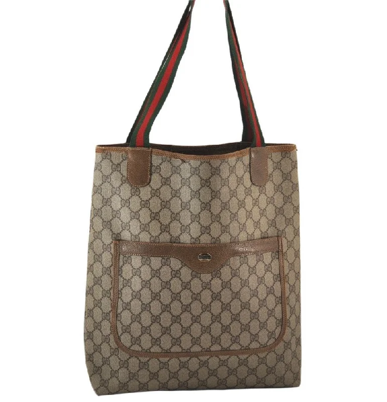 Ladies Gucci shoulder bags with a magnetic - closure flapAuthentic GUCCI Web Sherry Line Shoulder Tote Bag GG PVC Leather Brown 5766K