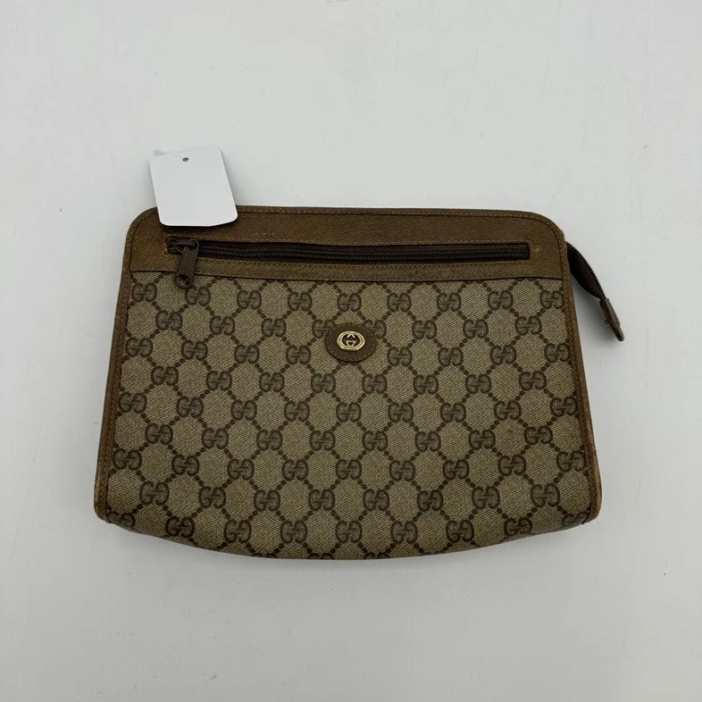 Women Gucci bags with a snap - button closure and a decorative charmGucci Canvas Leather Clutch Wristlet Beige Brown Medium