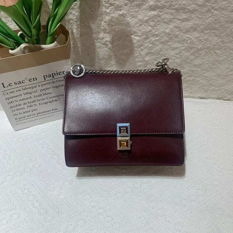 Fendi handbags with a metal - framed clasp for durability and a stylish lookFendi Kan I Burgundy Leather Shoulder Bag Medium