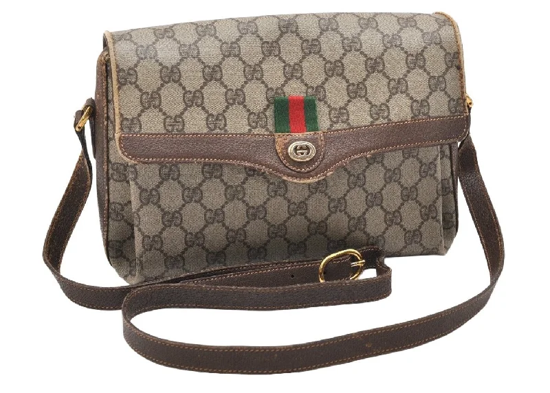 Women Gucci tote bags in GG Supreme canvas for a branded feelAuthentic GUCCI Web Sherry Line Shoulder Cross Bag GG PVC Leather Brown 5738K