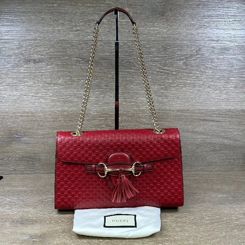 Gucci Marmont bags for women with gold - toned hardwareGucci Emily Chain Flap Shoulder Bag - Red Micro Guccissima Leather (Medium)