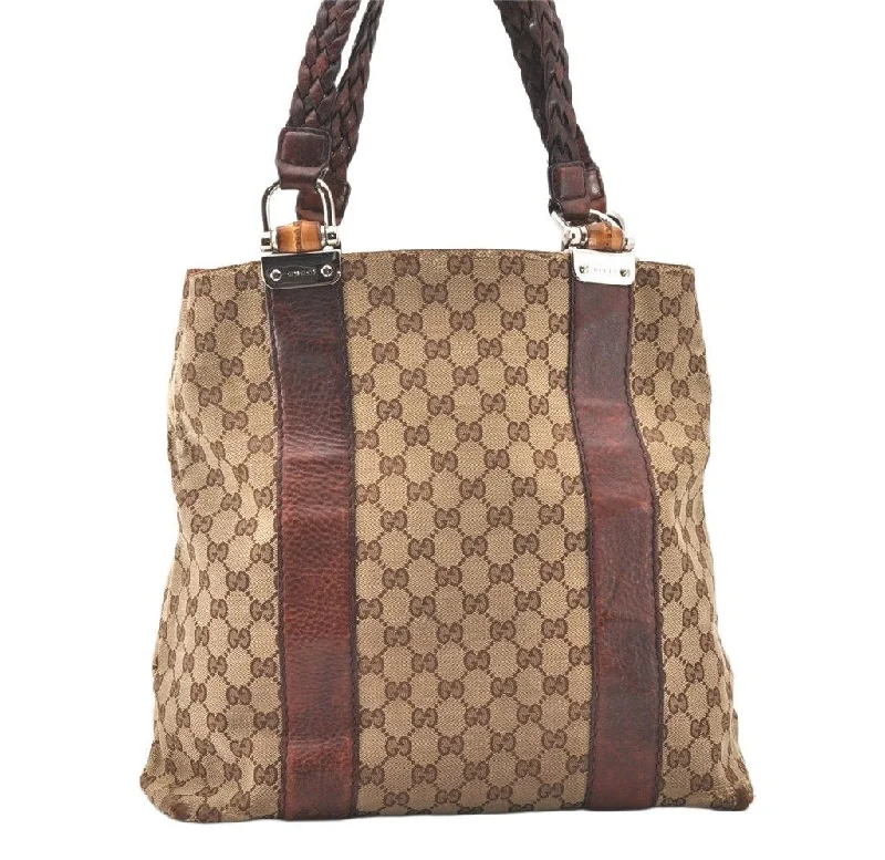 Women Gucci bags with a snap - button closure and a decorative charmAuthentic GUCCI Bamboo Shoulder Hand Bag GG Canvas Leather 232946 Brown 5734K