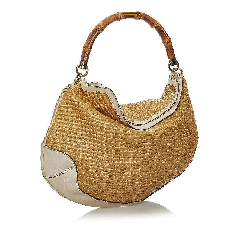 Women Gucci crossbody bags with a woven leather strapGucci Bamboo Peggy Raffia Hobo Bag (33489)