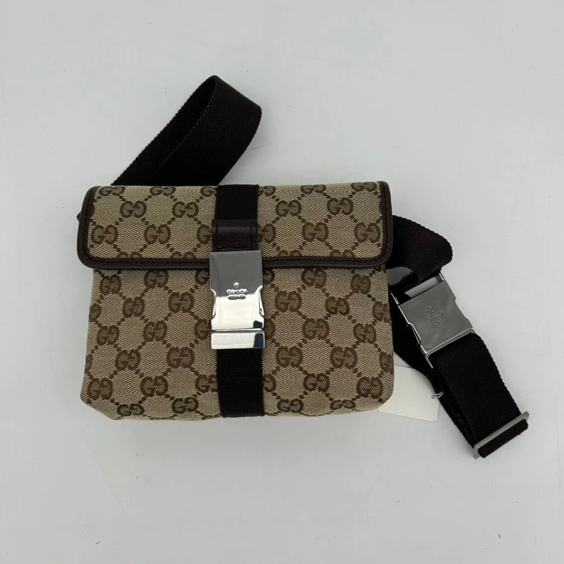 Women Gucci bags with a zip - around closure for securityGucci Canvas Beige Brown Monogram Waist Bag Small