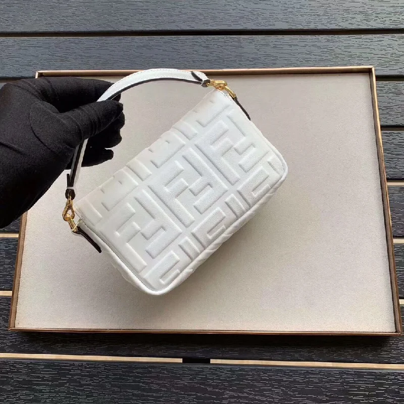 Fendi By The Way bags with a large capacity and a drawstring closureFendi White FF Motif Mini Baguette Bag