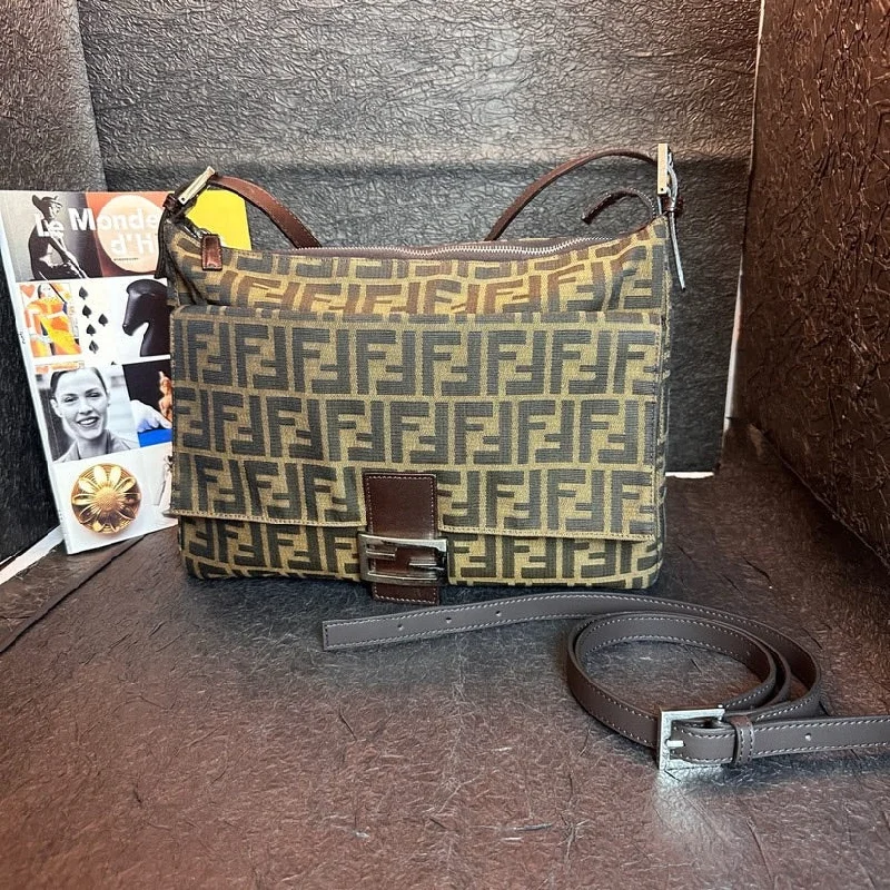 Fendi bags with a detachable tablet holder for using tablets on the goFendi Flap Magnetic Snap Canvas Leather Patchwork Bag Brown Medium