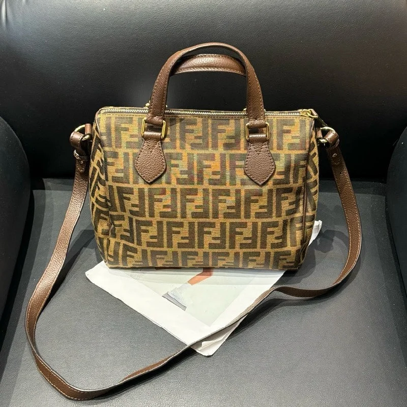 Fendi bags with a voice - activated pocket opener for a high - tech convenienceFendi Monogram Boston Bag Brown Canvas 26cm