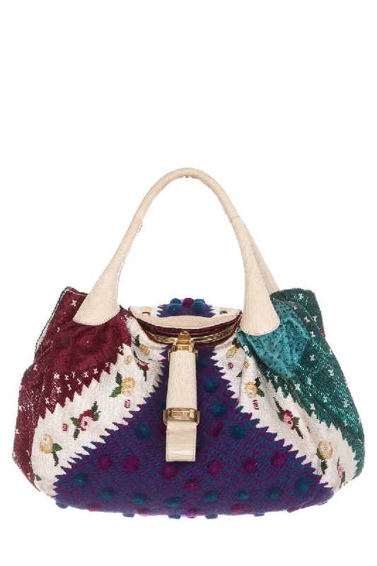 Ladies Fendi Peekaboo bags with a hand - stitched leather handle for artisanal charmFendi Ivory & Multicolor Limited Edition Embroidered Spy Hobo