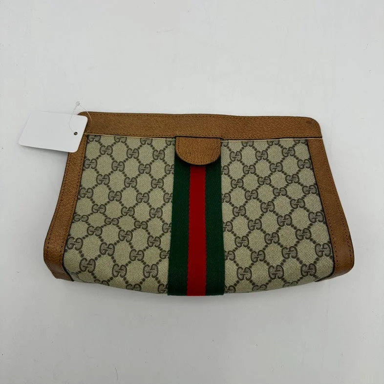 Ladies Gucci Dionysus bags in a pastel colorGucci Canvas Leather Monogram Beige Green Red Stripe Clutch Wristlet Medium