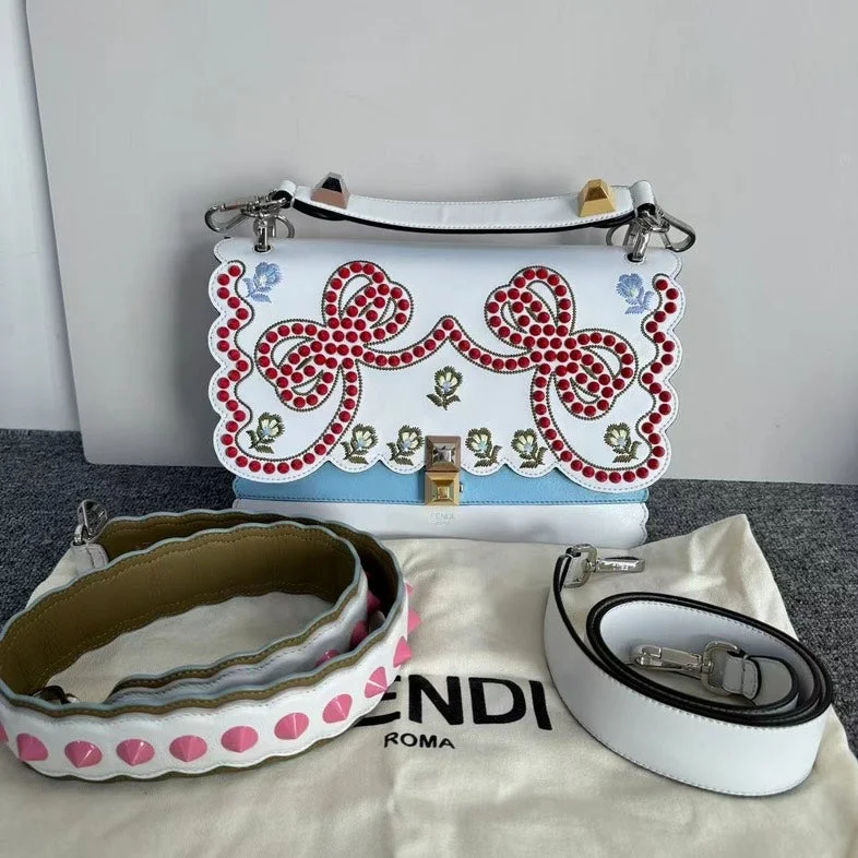 Fendi handbags with a glow - in - the - dark FF logo for a fun and unique featureFendi Kan I White Multicolor Embellished Leather Shoulder Bag Medium