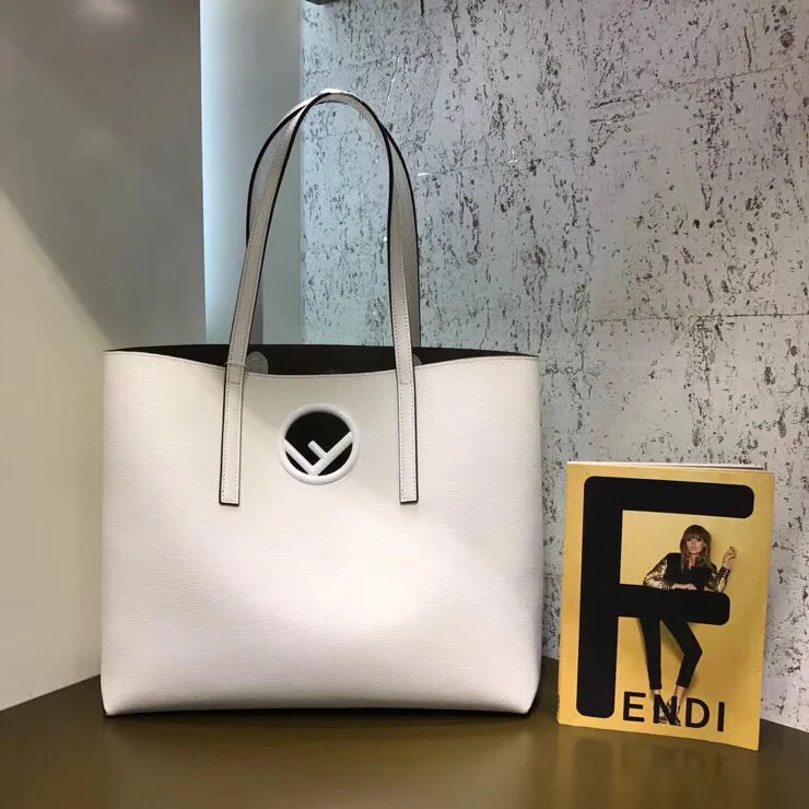 Fendi handbags with a metal - framed clasp for durability and a stylish lookFendi White Leather Logo Shopper Bag