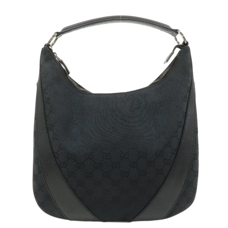 Women Gucci Sylvie bags with a leather - wrapped handleGUCCI GG Canvas Leather Shoulder Bag Black Silver HDW 124357