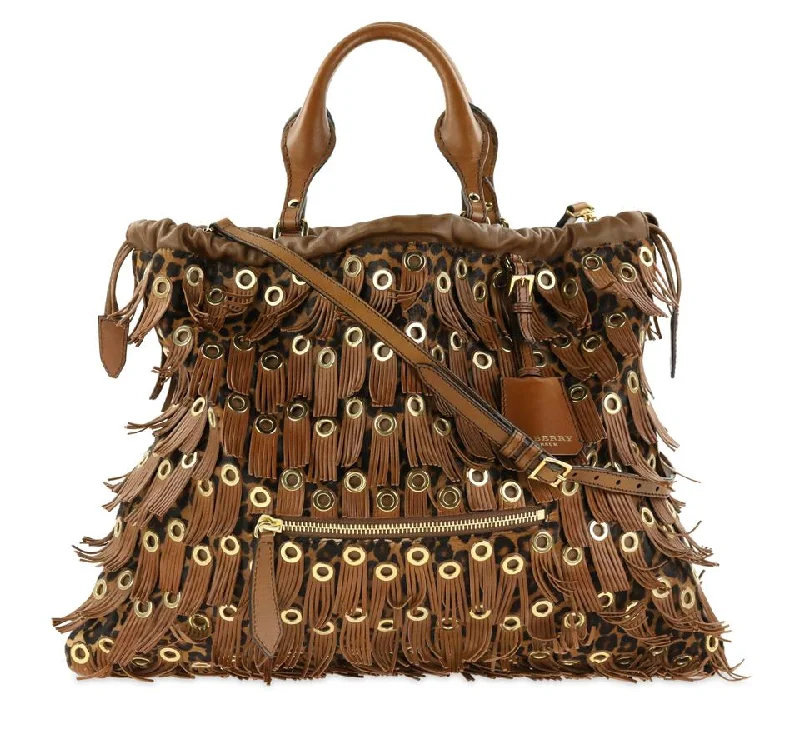 Sparkling Sequined Burberry Bags for PartiesBurberry Prorsum Leopard Print Fringe Grommet Brown Calf Hair Tote