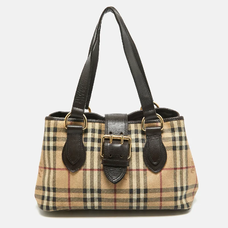 Versatile Burberry Convertible Bags for Multiple StylesBURBERRY Beige/Brown Haymarket PVC and Leather Buckle Flap Tote