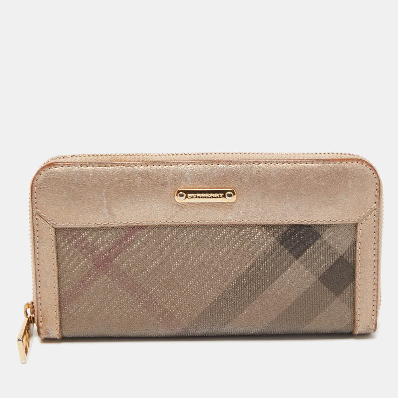 Burberry Bags for Women's Spring 2025 CollectionBURBERRY Metallic Beige Nova Check Coated Canvas Zip Around Wallet