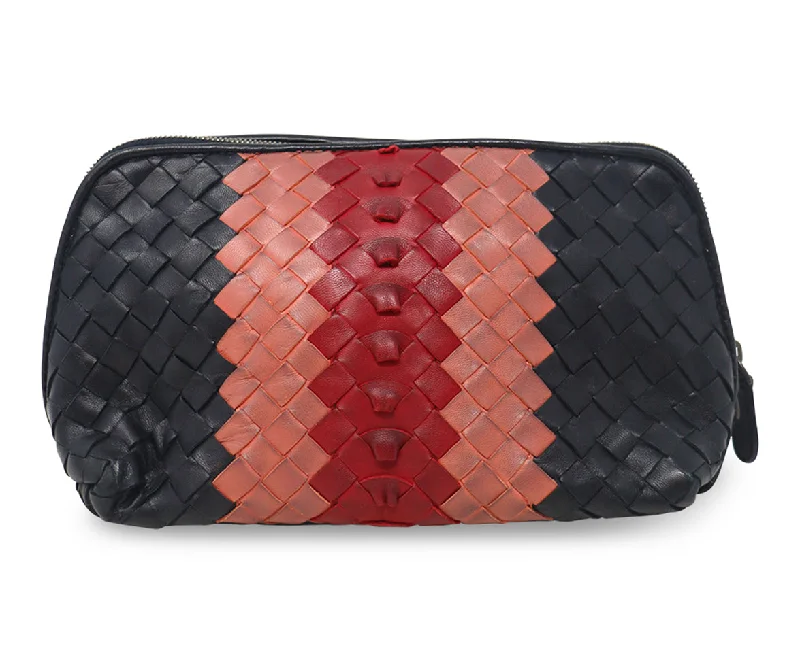 Bottega Veneta large capacity shoulder bagsBottega Veneta Black & Pink Woven Leather Cosmetic Bag