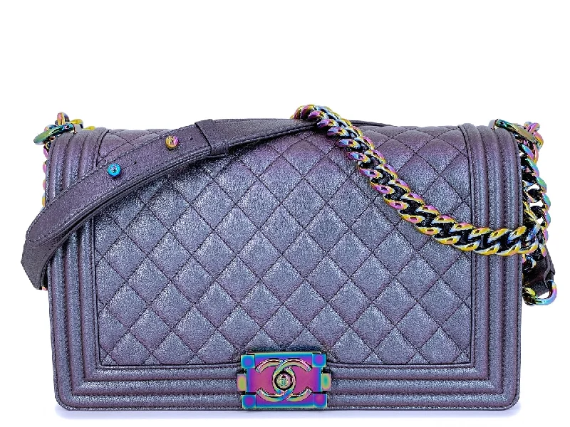 Chanel All - Match Handbag for Versatile Styling16C Chanel Iridescent Purple Mermaid Rainbow Classic Medium Large Boy Bag