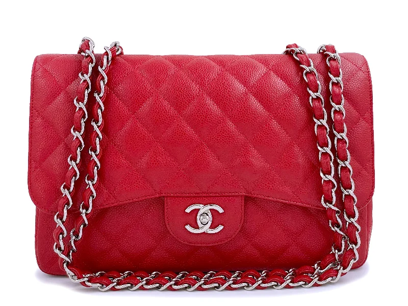 Chanel Handbag with Adjustable Strap for ComfortChanel 10C Red Caviar Jumbo Classic Flap Bag SHW Single