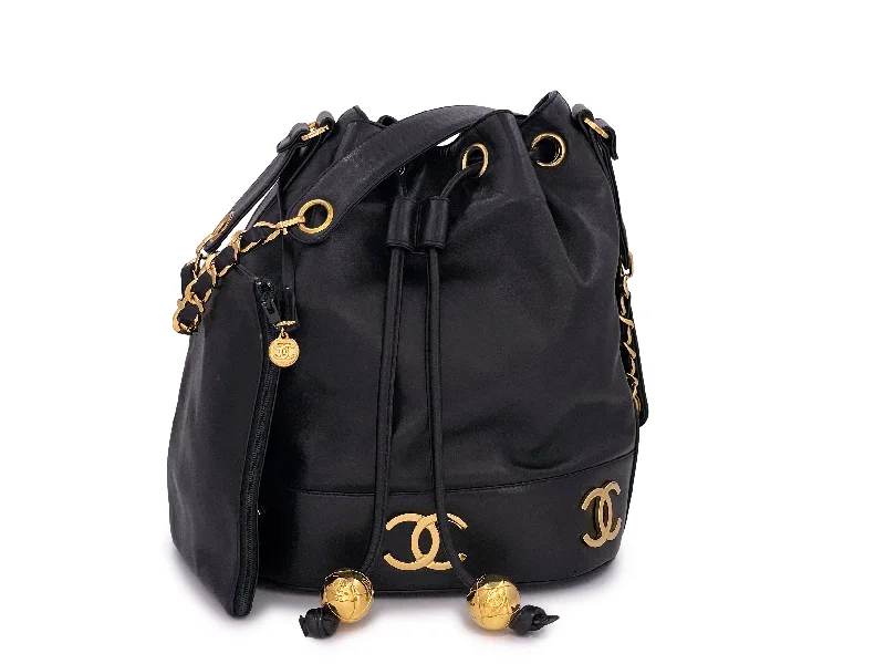 Chanel Handbag with Adjustable Strap for ComfortChanel 1992 Vintage Medium Drawstring Bucket Bag Black Lambskin 24k GHW