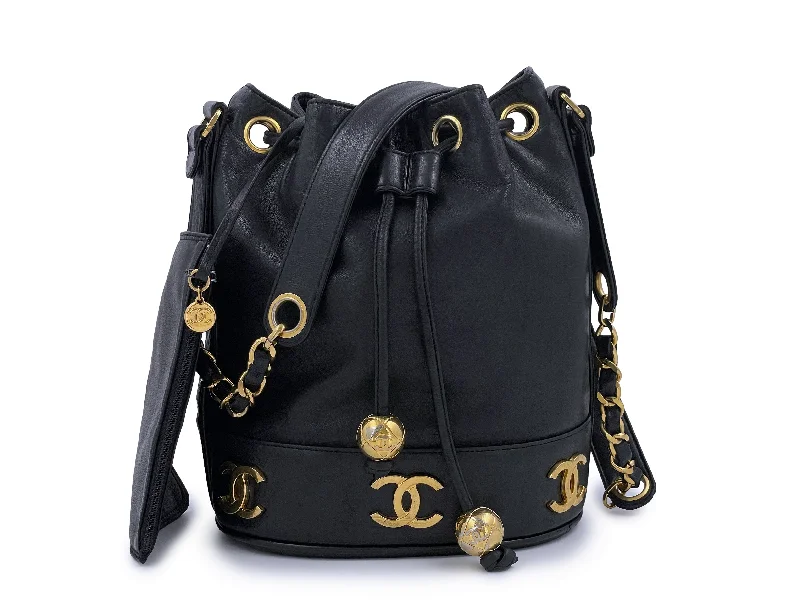 Chanel Classic Flap Bag for Evening PartyChanel 1992 Vintage Small Drawstring Bucket Bag Black Lambskin 24k GHW