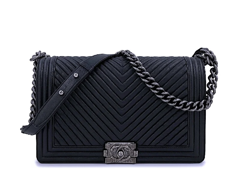 Chanel Luxury Handbag for High - End EventsChanel Black Herringbone Chevron New Medium Boy Bag RHW