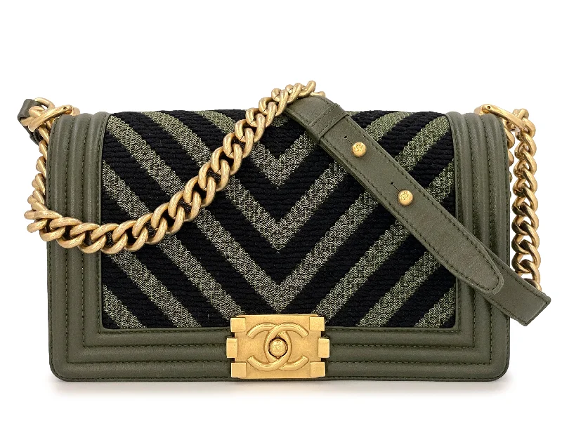 Chanel All - Match Handbag for Versatile StylingChanel Olive Green Chevron Medium Boy Flap  Bag GHW