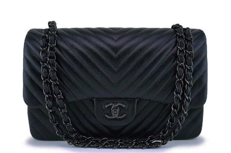 Chanel Handbag with Adjustable Strap for ComfortChanel So Black Chevron Lambskin Jumbo Classic Double Flap Bag