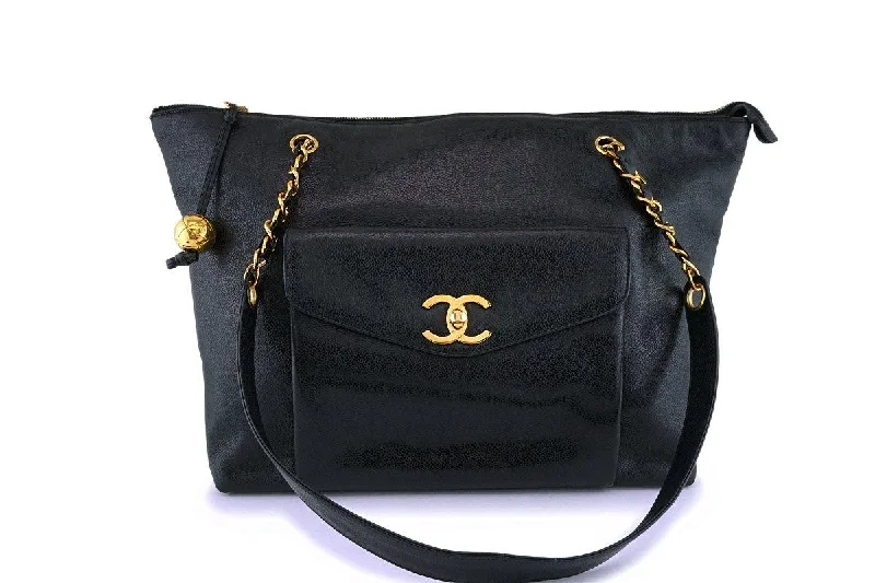 Chanel Small Crossbody Bag for TravelChanel Vintage Black Caviar Flap-Tote Shopper Bag 24k GHW