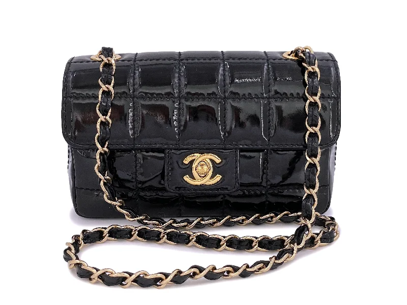 Chanel Handbag with Adjustable Strap for ComfortChanel Vintage Black Patent Extra Mini Flap Bag 24k GHW Chocolate Bar