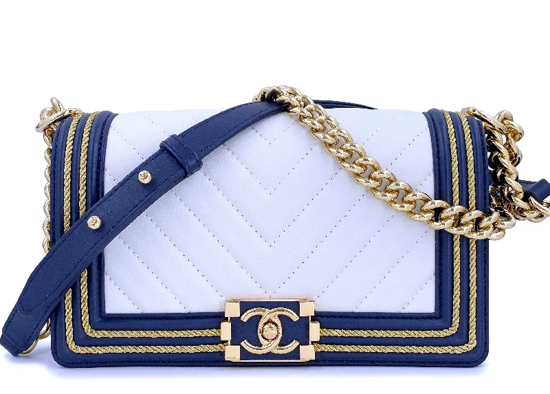 Chanel Vintage Inspired Handbag for Retro LoversChanel 19C By the Sea White Chevron Navy Blue Gold Rope Framed Boy Flap Bag GHW