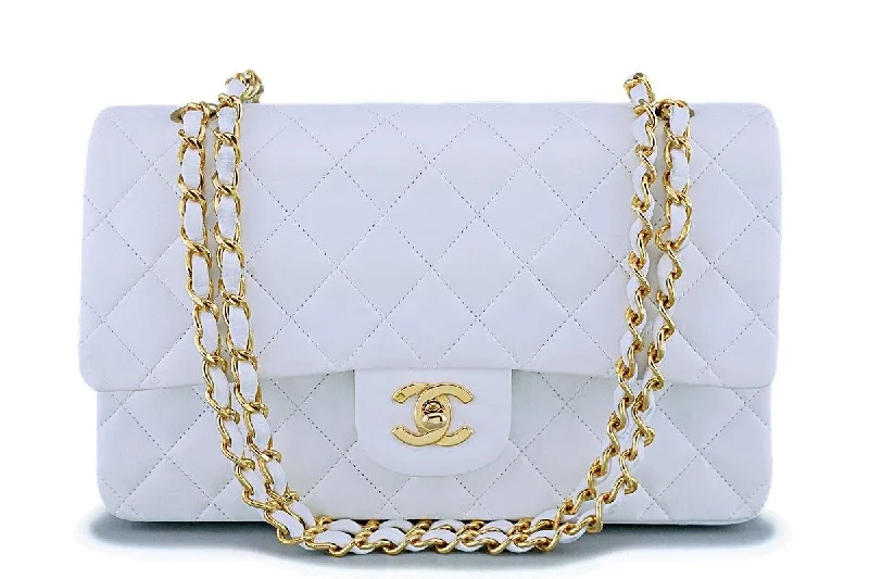 Chanel Handbag with Adjustable Strap for ComfortChanel White Lambskin Medium Classic Double Flap Bag 24k GHW