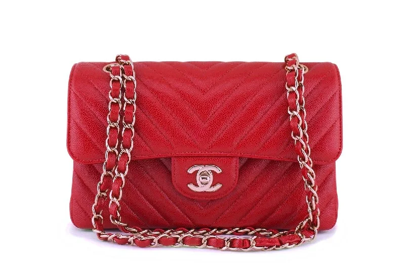 Chanel Classic Flap Bag for Evening PartyNew 20B Chanel Red Caviar Chevron Small Classic Double Flap Bag GHW