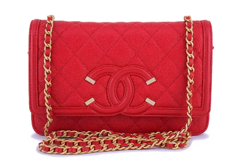 Chanel Vintage Inspired Handbag for Retro LoversNIB 18P Chanel Red Caviar Filigree WOC Wallet on Chain Flap Bag