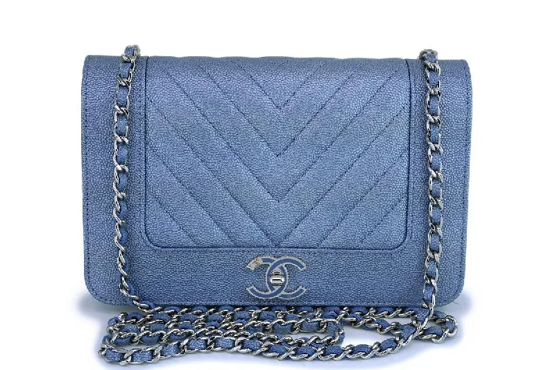 Chanel Black Handbag for Business MeetingsNIB 19P Chanel Iridescent Pearly Blue Caviar Mademoiselle Chevron Wallet on Chain WOC Bag