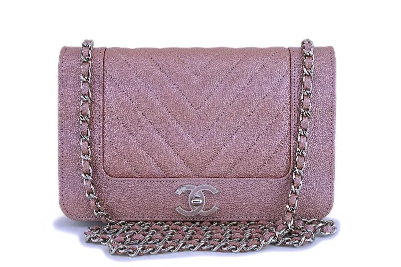 Chanel Limited Edition Handbag for CollectorsNIB 19P Chanel Iridescent Pink Caviar Rose Gold Chevron Wallet on Chain WOC Flap Bag