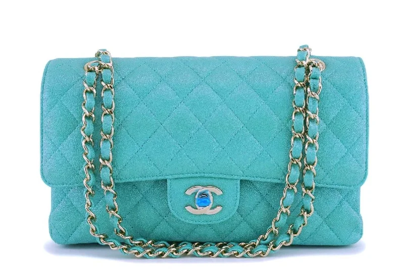 Chanel All - Match Handbag for Versatile StylingNIB 19S Chanel Iridescent Turquoise Green Caviar Medium Classic Double Flap Bag GHW