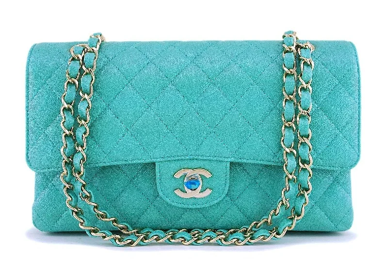 Chanel Vintage Inspired Handbag for Retro LoversNIB 19S Chanel Iridescent Turquoise Green Caviar Medium Classic Double Flap Bag GHW