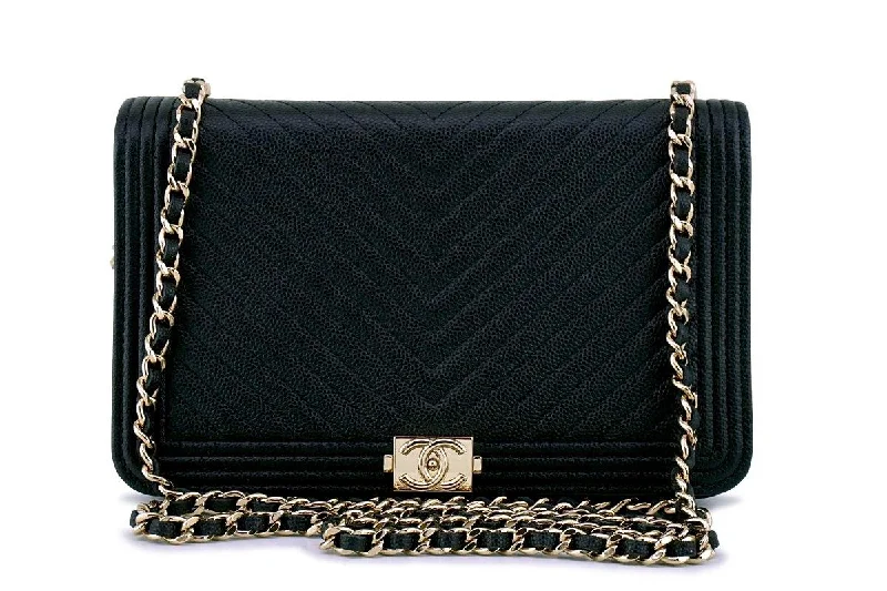 Chanel Chain Strap Handbag for Everyday UseNIB Chanel Black Caviar Chevron Boy Classic WOC Wallet on Chain Flap Bag GHW