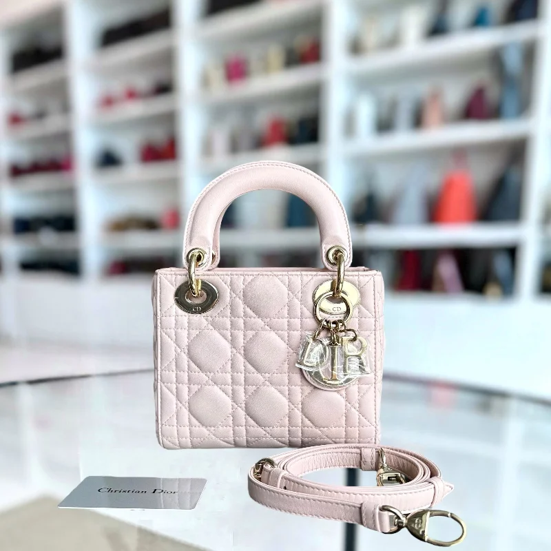 Christian Dior crossbody bags with a front - flap pocket for easy access*Adjustable Strap* Lady Mini Cannage Lambskin Light Pink Nude Golden Hardware