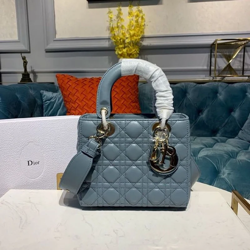 Christian Dior tote bags with a double - handle and shoulder - strap optionChristian Dior Small Lady Bag Gold Toned Hardware Clound Blue