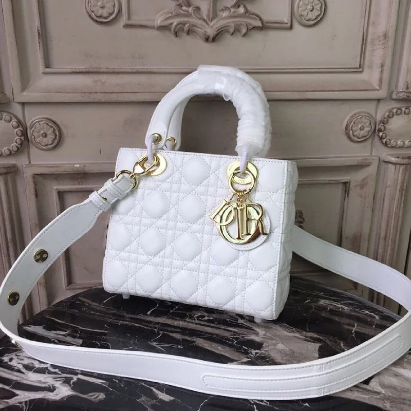 Christian Dior handbags with a detachable mirror for on - the - go touch - upsChristian Dior Small Lady Bag Gold Toned Hardware White