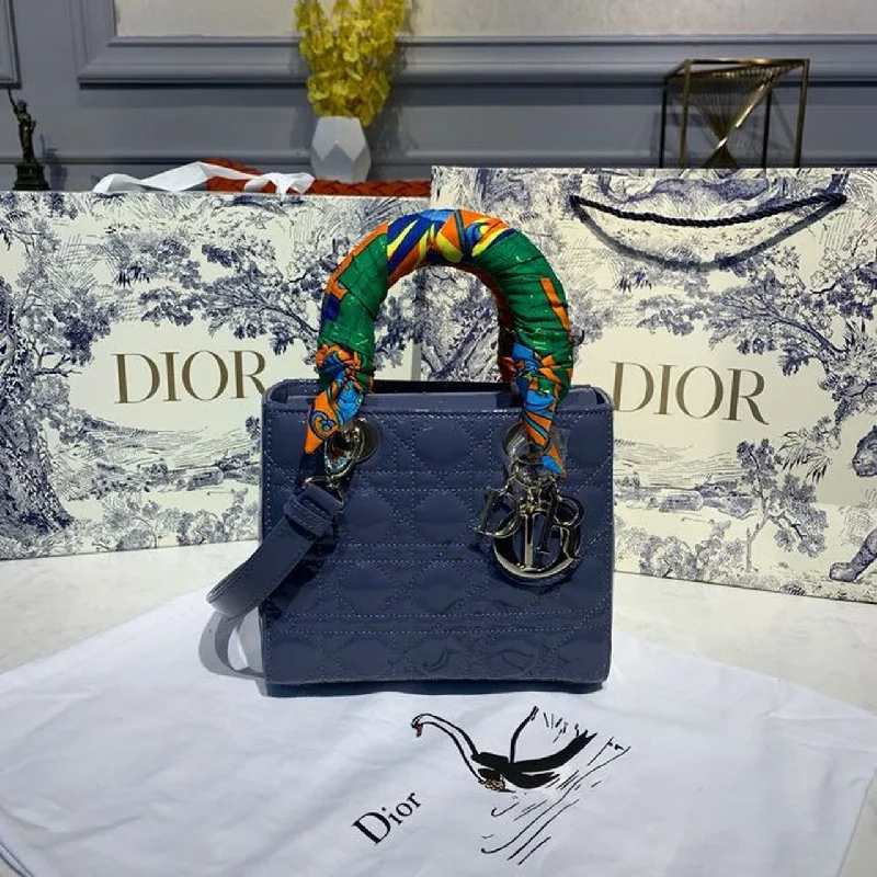 Christian Dior tote bags with a printed Dior logo on the frontChristian Dior Small Lady Bag Silver Hardware Deep Blue Patent