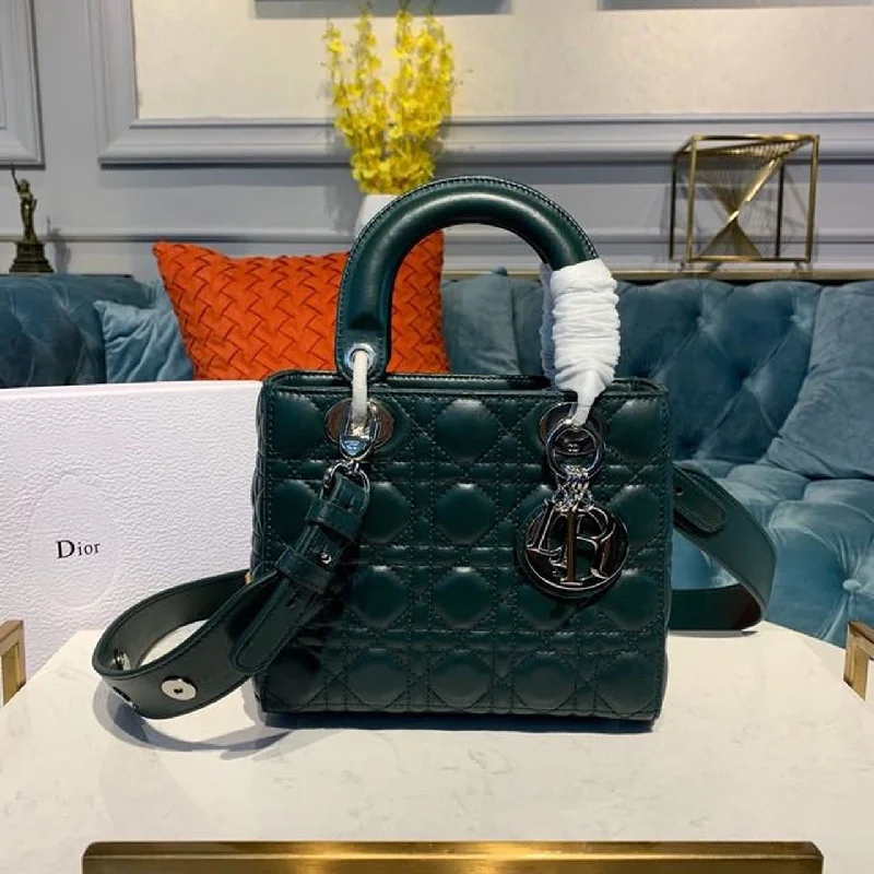 Christian Dior tote bags with a printed Dior logo on the frontChristian Dior Small Lady Bag Silver Hardware Forest Green