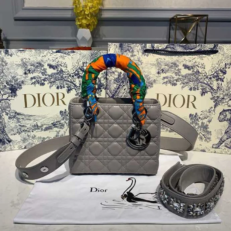 Christian Dior tote bags with a printed Dior logo on the frontChristian Dior Small Lady Bag Silver Hardware with Embellished Bag