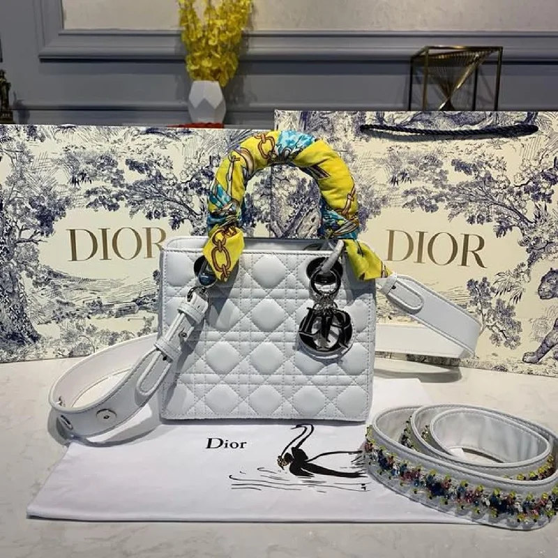 Christian Dior tote bags with a printed Dior logo on the frontChristian Dior Small Lady Bag Silver Hardware with Embellished Bag