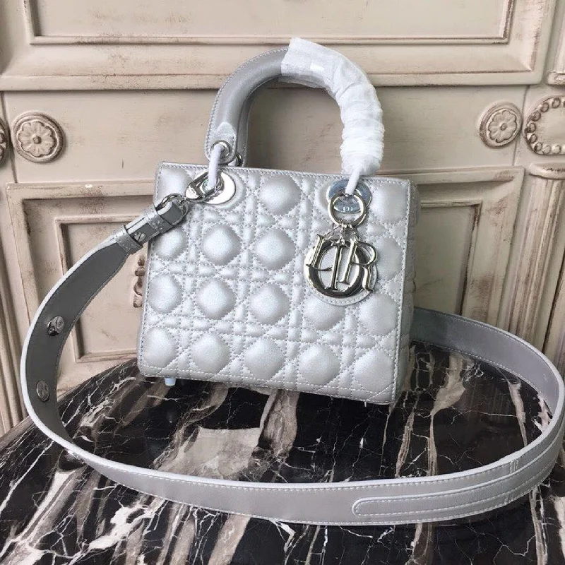 Luxury Christian Dior crossbody bags with a chain - link strapChristian Dior Small Opaline Gray Pearlescent Cannage Lady Bag