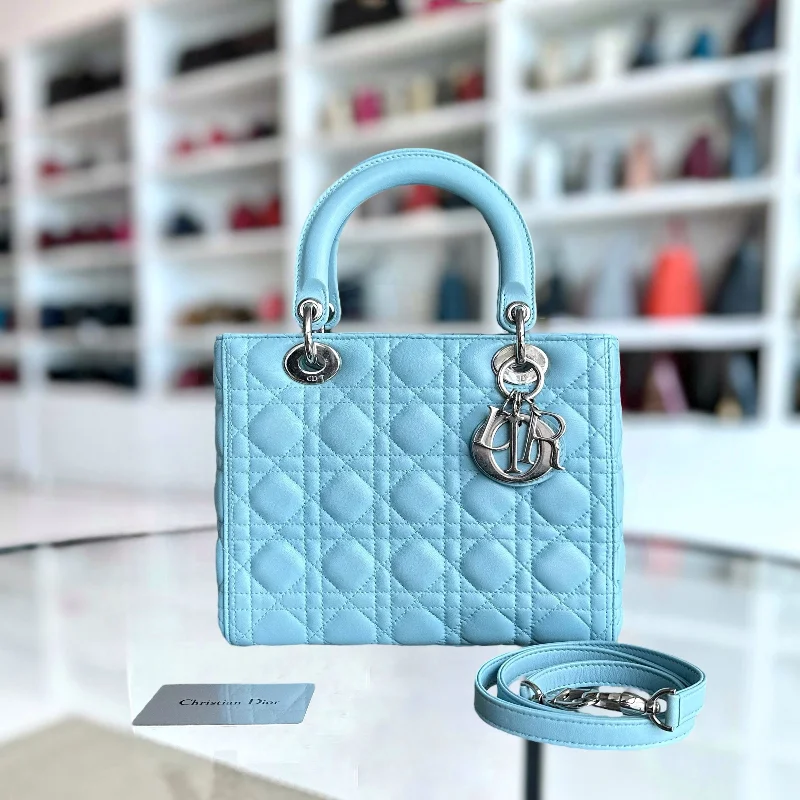 Fashion - forward Christian Dior tote bags for the modern womanLady Medium Cannage Lambskin Light Blue Silver Hardware