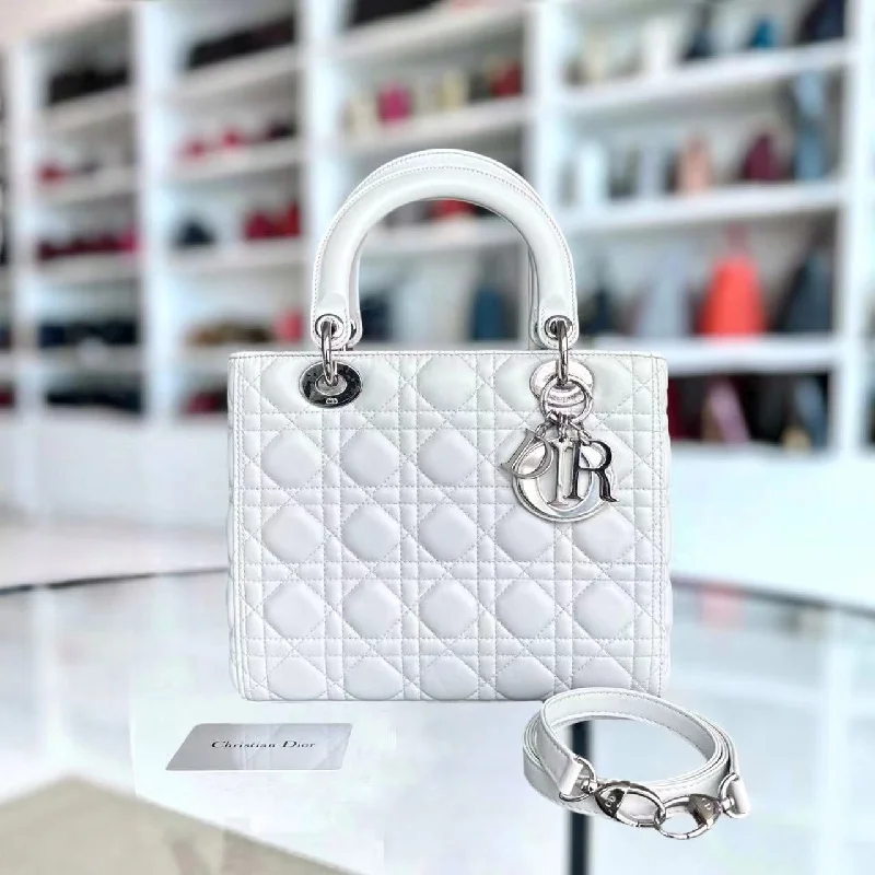 Christian Dior handbags with a snap - button closure and a decorative buckleLady Medium Cannage Lambskin White Silver Hardware