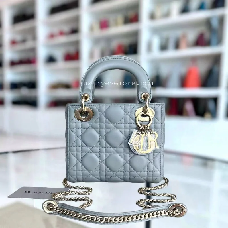 Christian Dior Saddle bags with a patent leather finish for a shiny lookLady Mini Cannage Lambskin Light Grey Gray Golden Hardware Chain Version