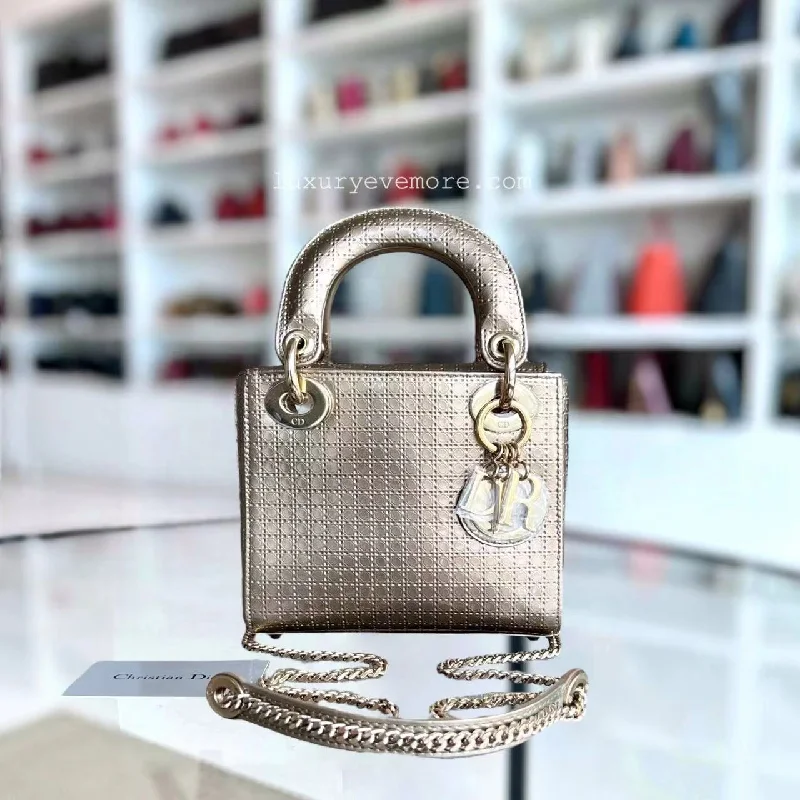 Christian Dior bags with a detachable coin purse insideDior Lady Mini - Micro Cannage Glazed Calfskin Gold Bronze Golden Hardware Chain Strap